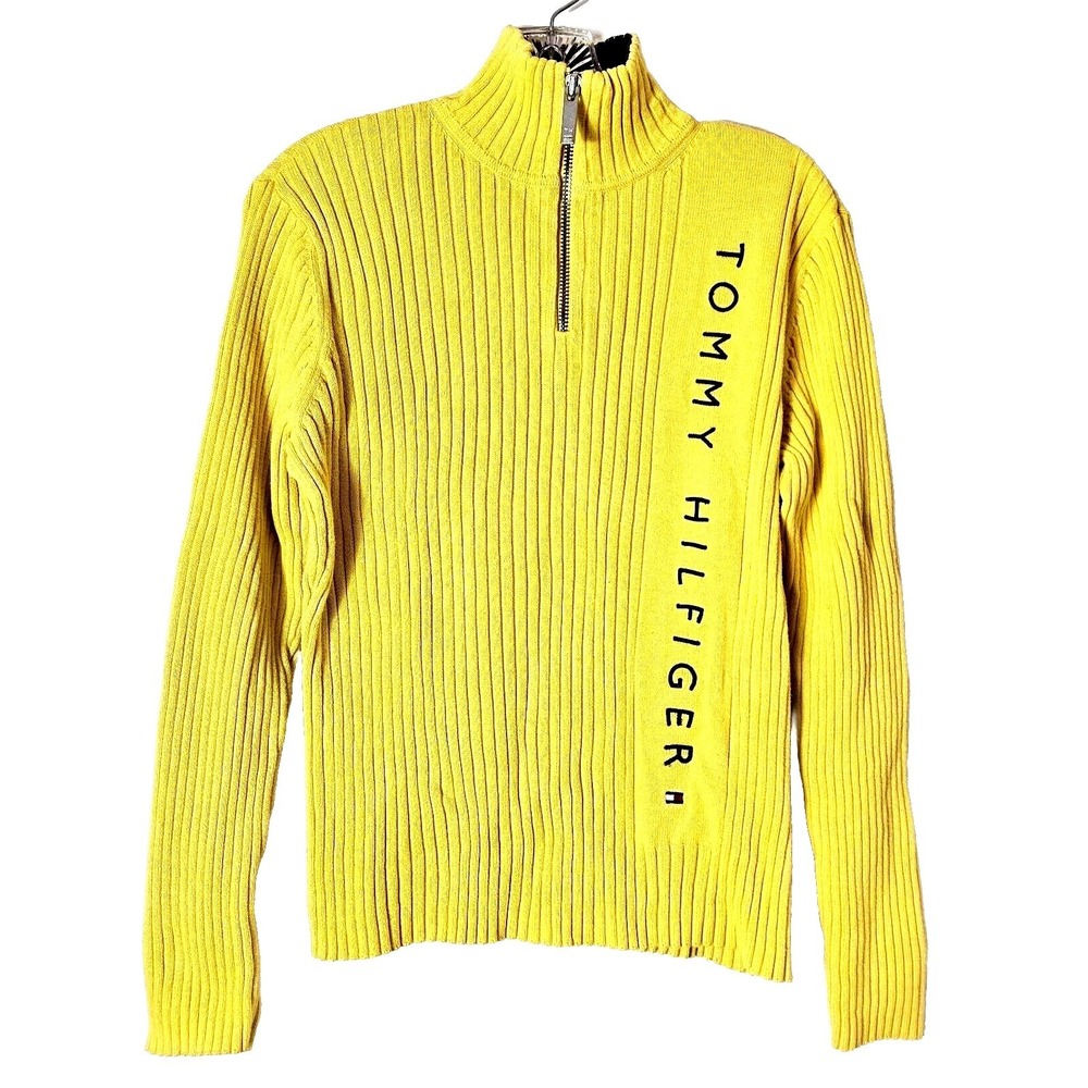 Tommy Hilfiger Yellow Ribbed Quarter Zip Logo Sweater Large Preppy Sporty Y2K